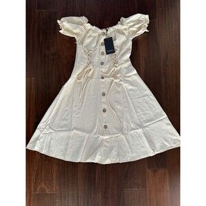 KOJOOIN Women's punk dress apricot off shoulder Short Sleeve front button M